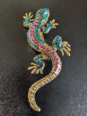 Gold-tone Jeweled Lizard Accent — Blue and Pink Crystals